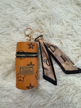 Vogue New Famous Tan Leather Keychain Pouch with Scarf Accent lipstick holder